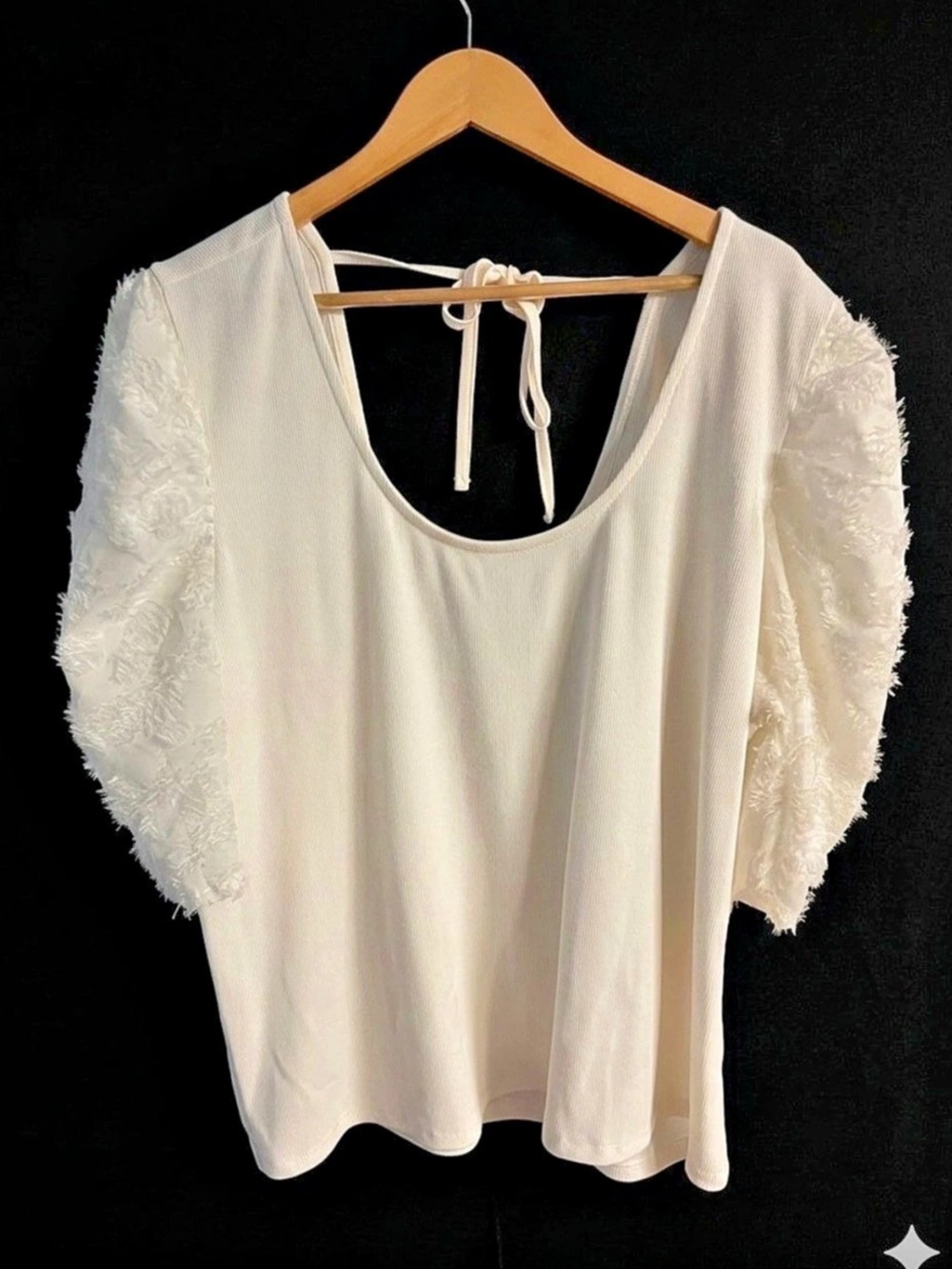 Maurices Puff Sleeve Tie Back Ribbed Top - Cream/White Size Large (Fits Like a L